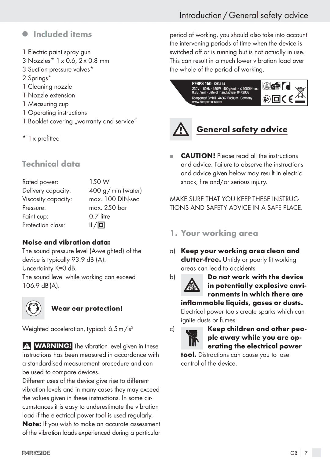 Parkside PFSPS150 manual Introduction / General safety advice, Included items, Technical data, Your working area 